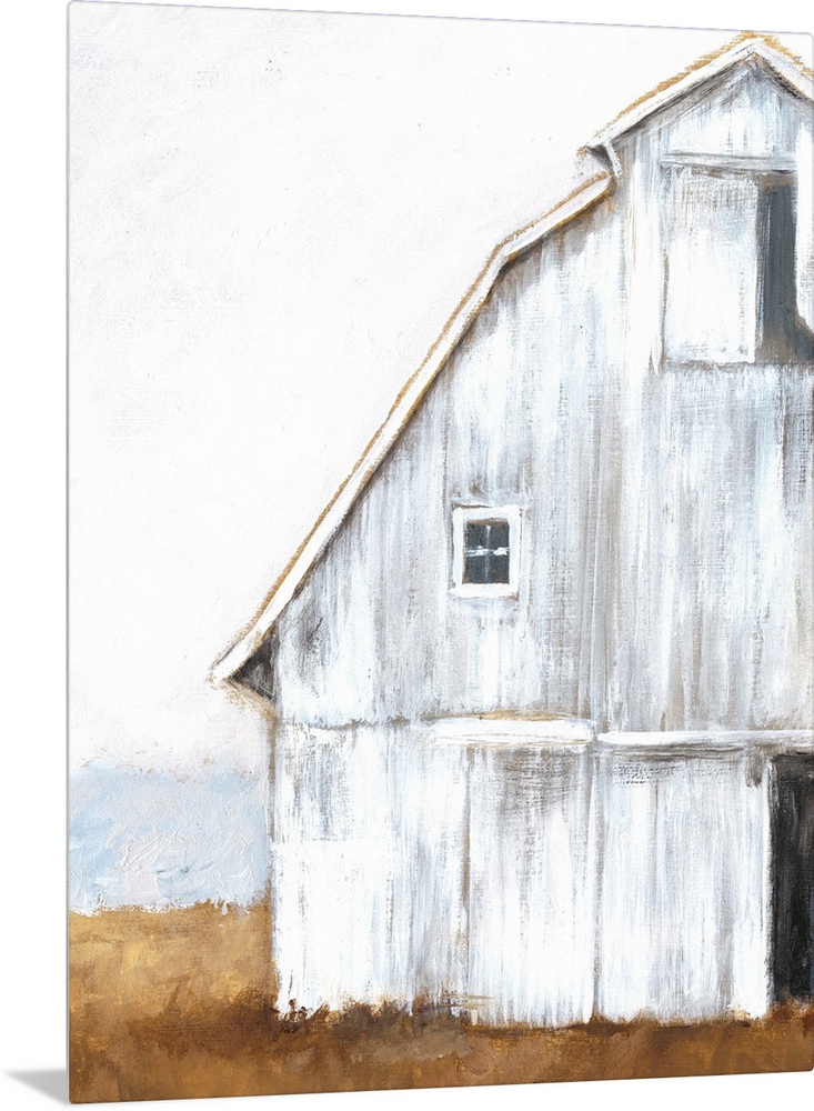 Horizontal brush strokes and a soft amber landscape form to make a cropped image of a white worn barn resting in the country.