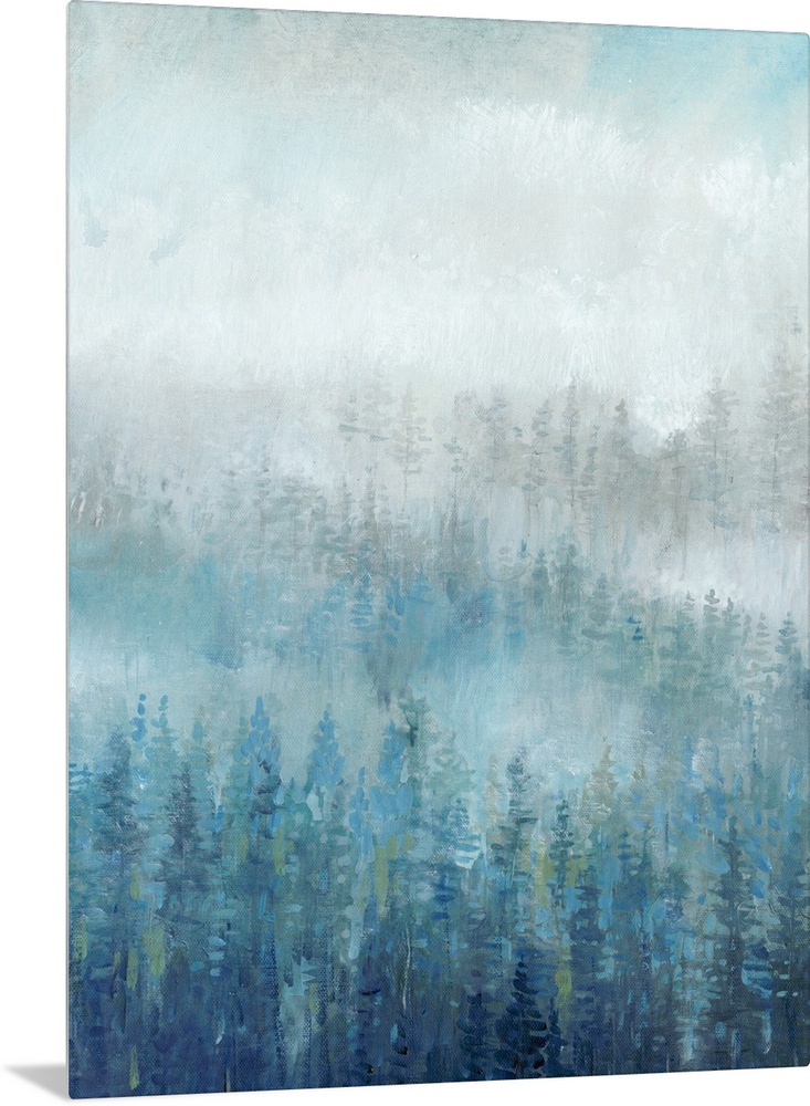 Blue and gray trees fill this contemporary landscape painting with mist and fog in the background.