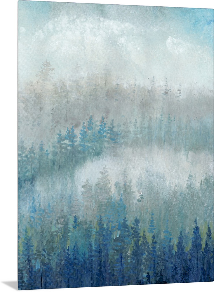 Blue and gray trees fill this contemporary landscape painting with mist and fog in the background.