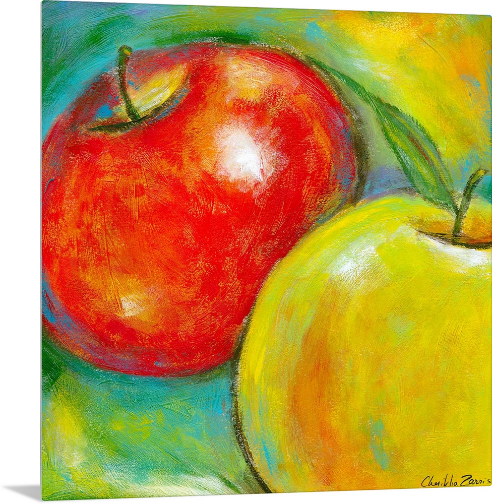 Giant contemporary art includes a close-up of two apples placed in front of a background incorporating a mixture of simila...