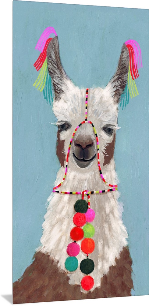 One painting in a series of festive llamas with goofy grins wearing colorful tassels and bright pom-poms.