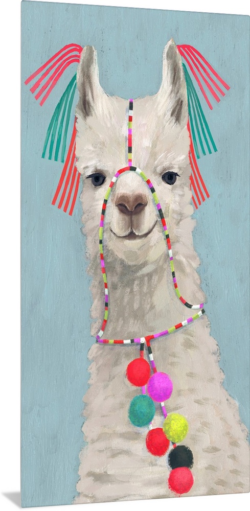 One painting in a series of festive llamas with goofy grins wearing colorful tassels and bright pom-poms.