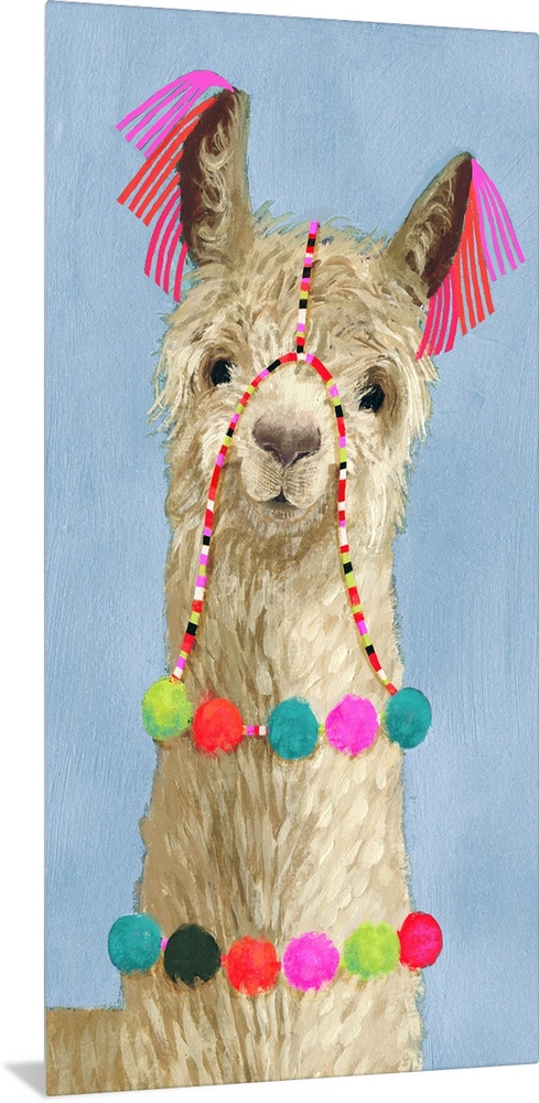 One painting in a series of festive llamas with goofy grins wearing colorful tassels and bright pom-poms.