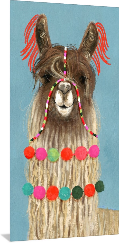 One painting in a series of festive llamas with goofy grins wearing colorful tassels and bright pom-poms.