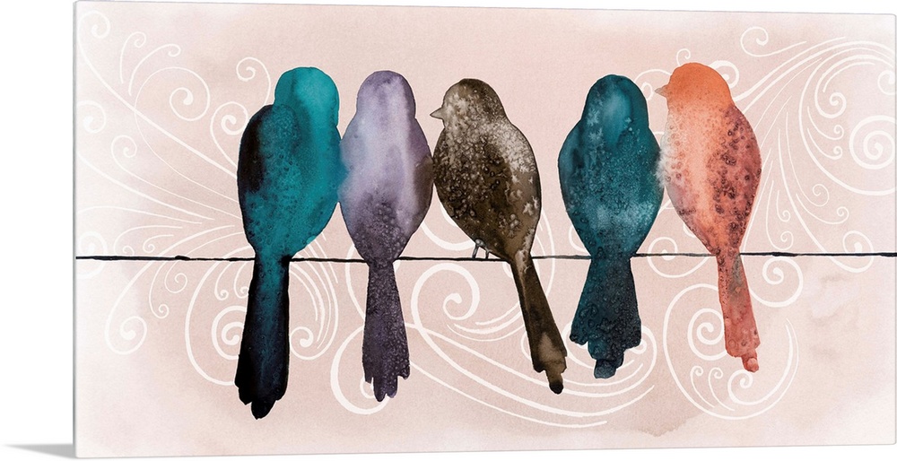 Five watercolor bird silhouettes perched on a thin wire.