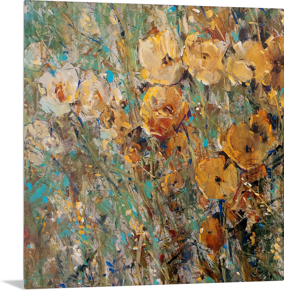 Contemporary painting of abstract flowers with background consisting of colorful paint splats.