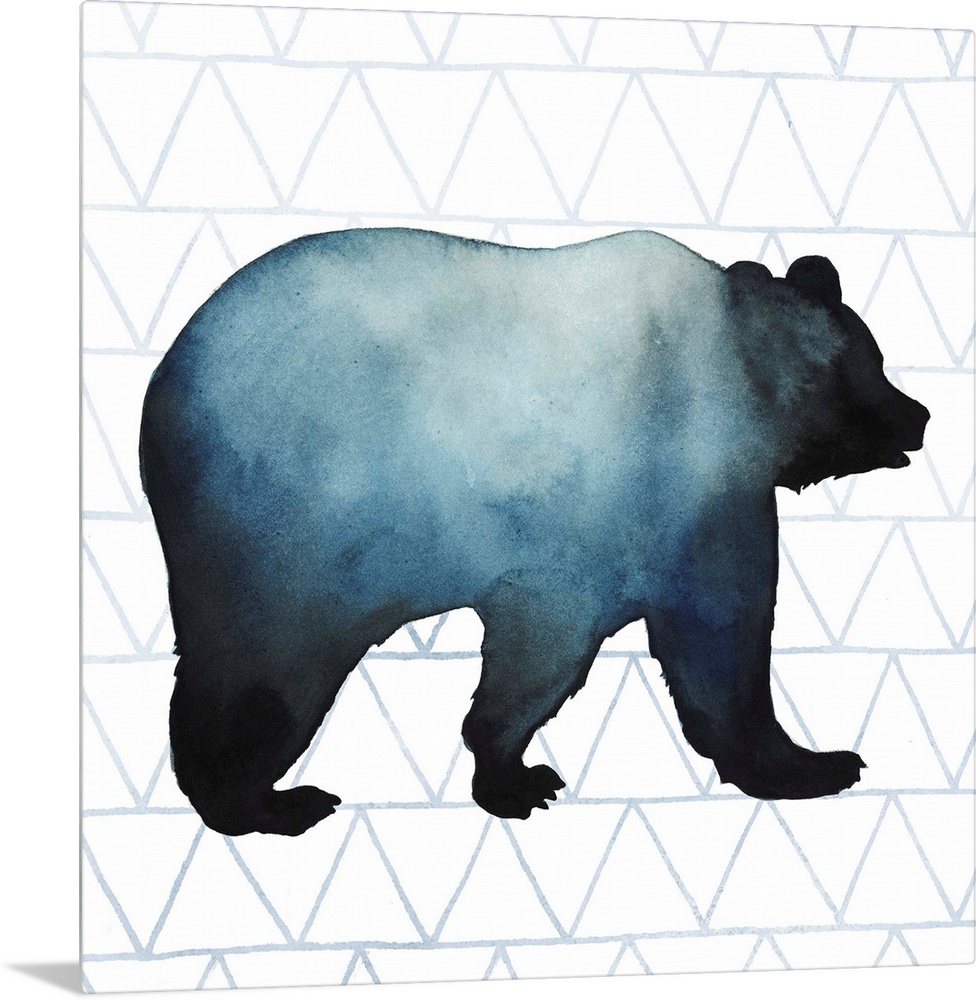 Watercolor bear silhouette on a grey geometric background.