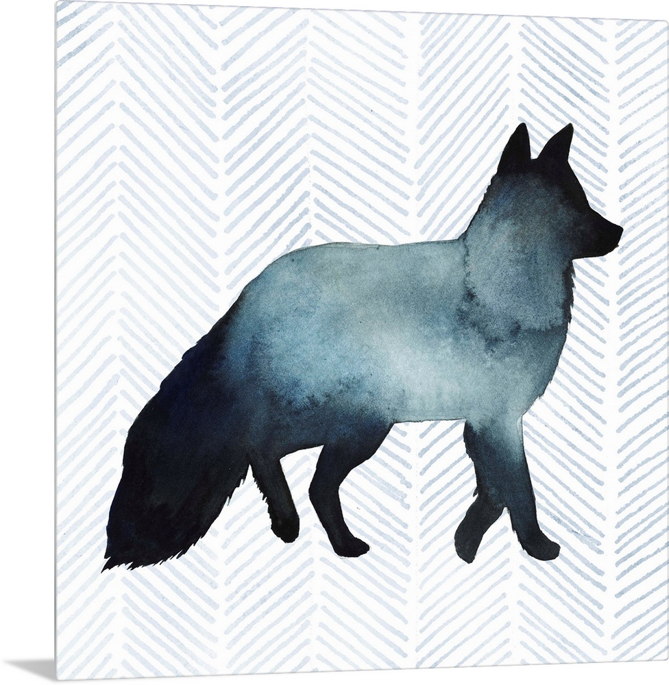 Watercolor fox silhouette on a grey geometric background.