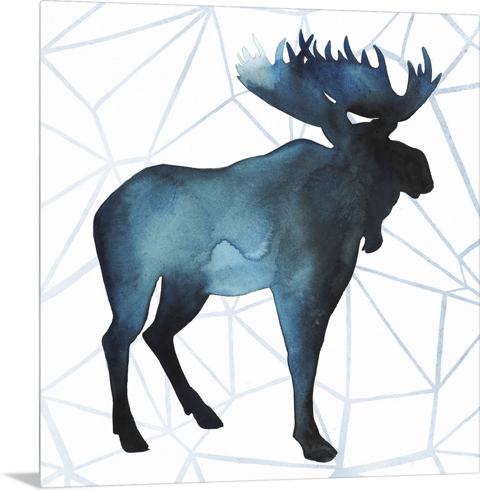 Watercolor moose silhouette on a grey geometric background.