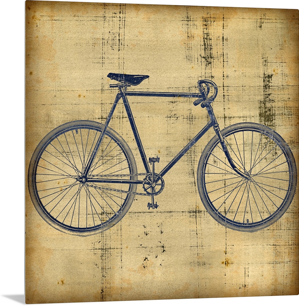 Square canvas painting of a bicycle on top of a grungy textured backdrop.