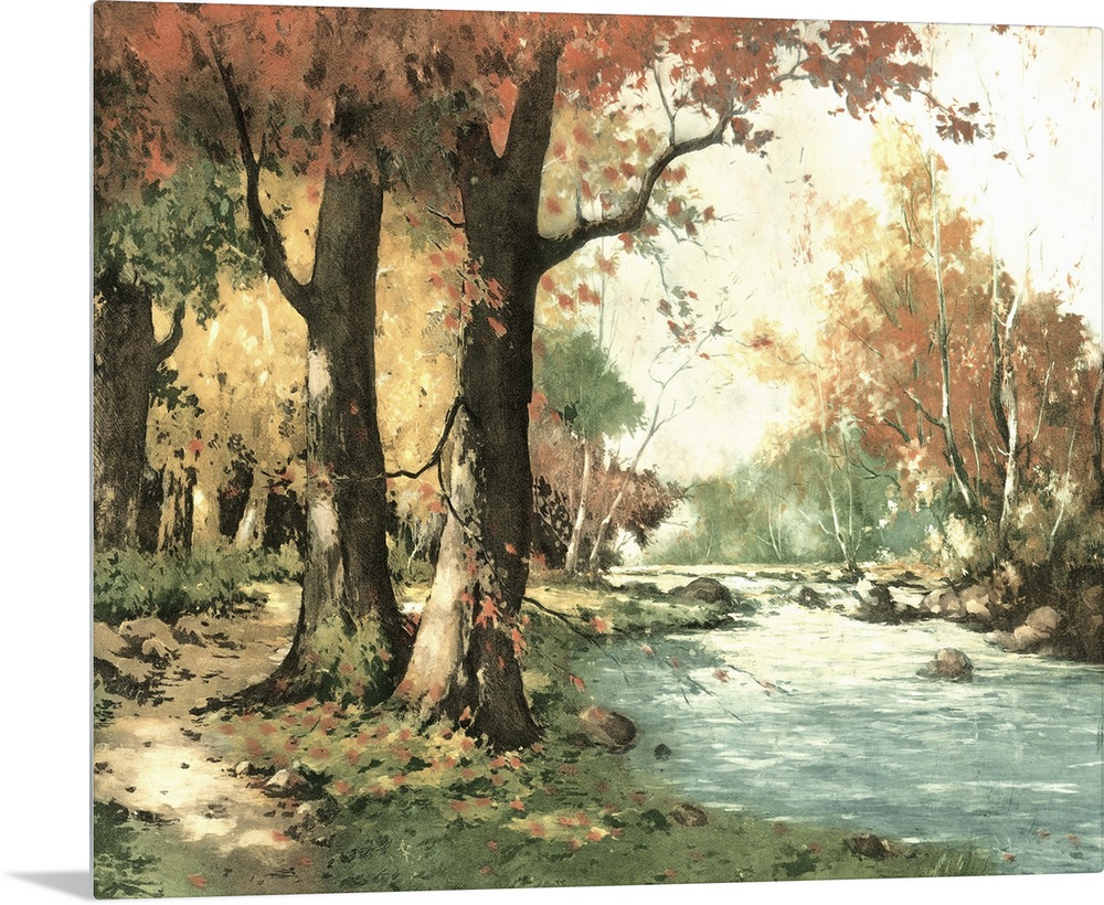 Contemporary artwork of an autumn landscape seen in the foliage of the trees.
