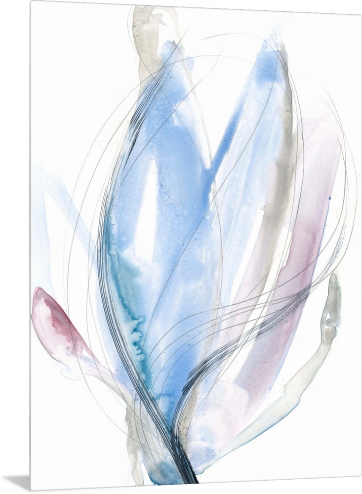 Contemporary abstract painting of a floral shaped form in azure blue.