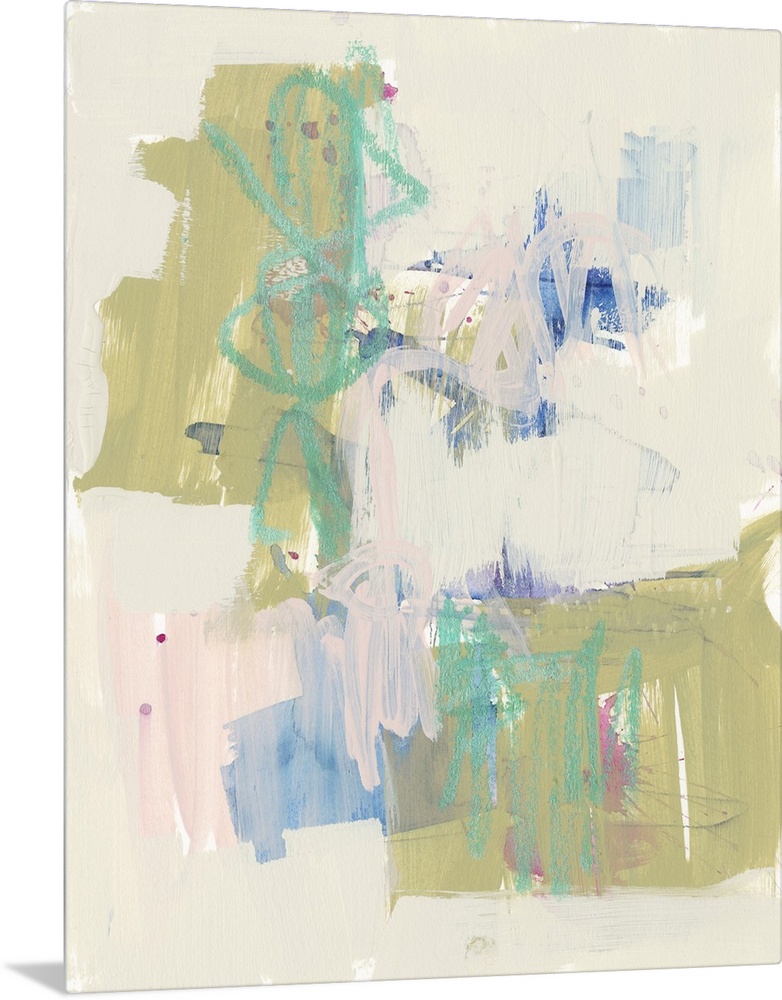 Contemporary abstract painting with bright blue and olive green shapes amongst a field of pale pink.