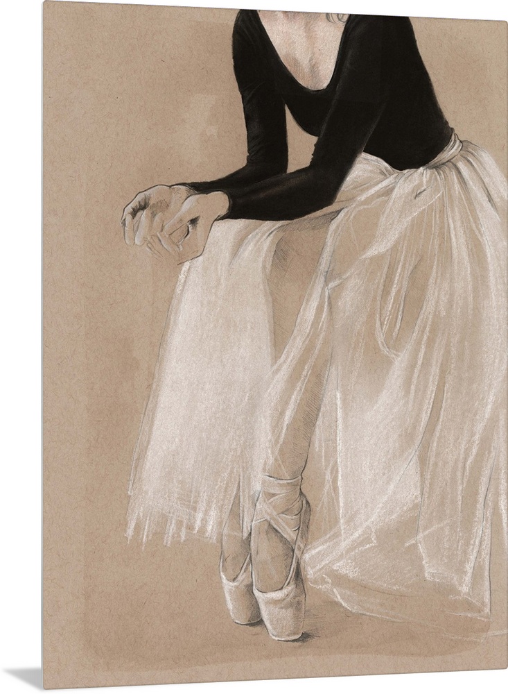 Detail drawing of the lower half of a ballerina, done in black and white on a beige background.