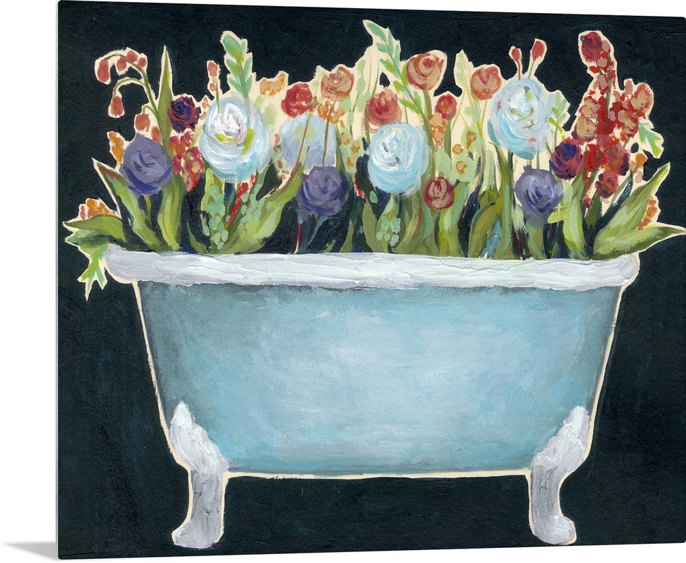 Contemporary painting of a blue bathtub filled with colorful flowers against a dark blue background.