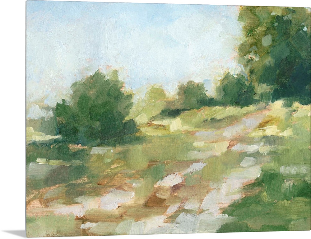Contemporary abstract painting of a path flowing through a green landscape.