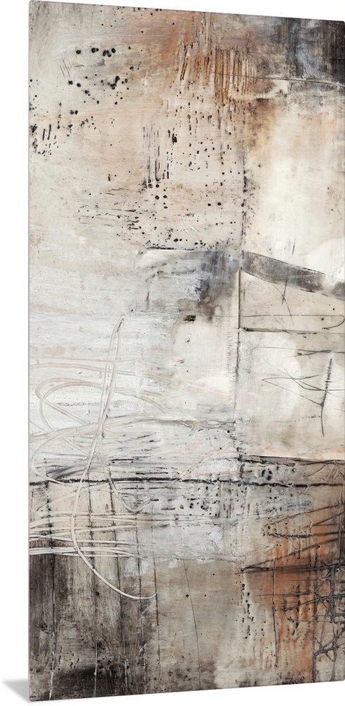 This industrial abstract artwork features textural designs in earthy and rustic tones over a chalky background.