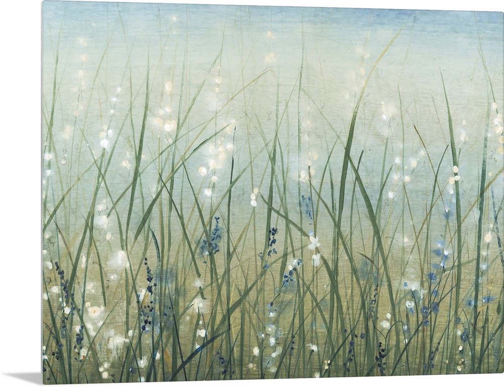 Contemporary painting of a field of wild grasses with small white flowers.