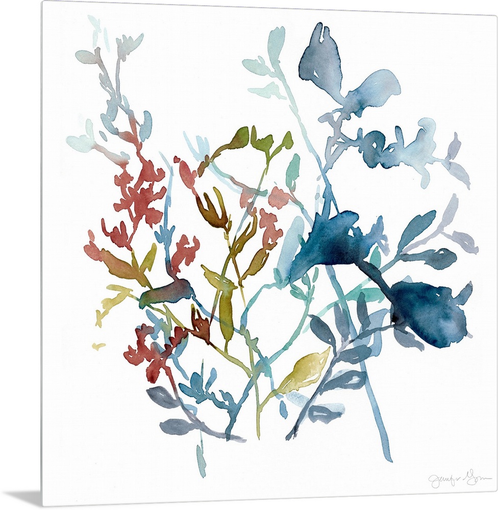 Watercolor painting of an assortment of flowers and leaves.