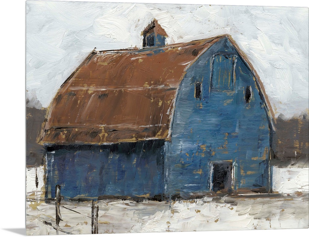 A cool, wintery image of a large denim-blue barn with a rusty brown roof on snowy ground under a sky filled with thick clo...