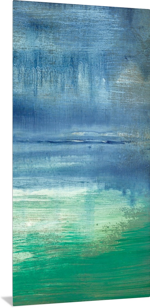 Vertical abstract painting of a turquoise bay with a hazy sky and pastel water, with the subtle reflection of the coast on...
