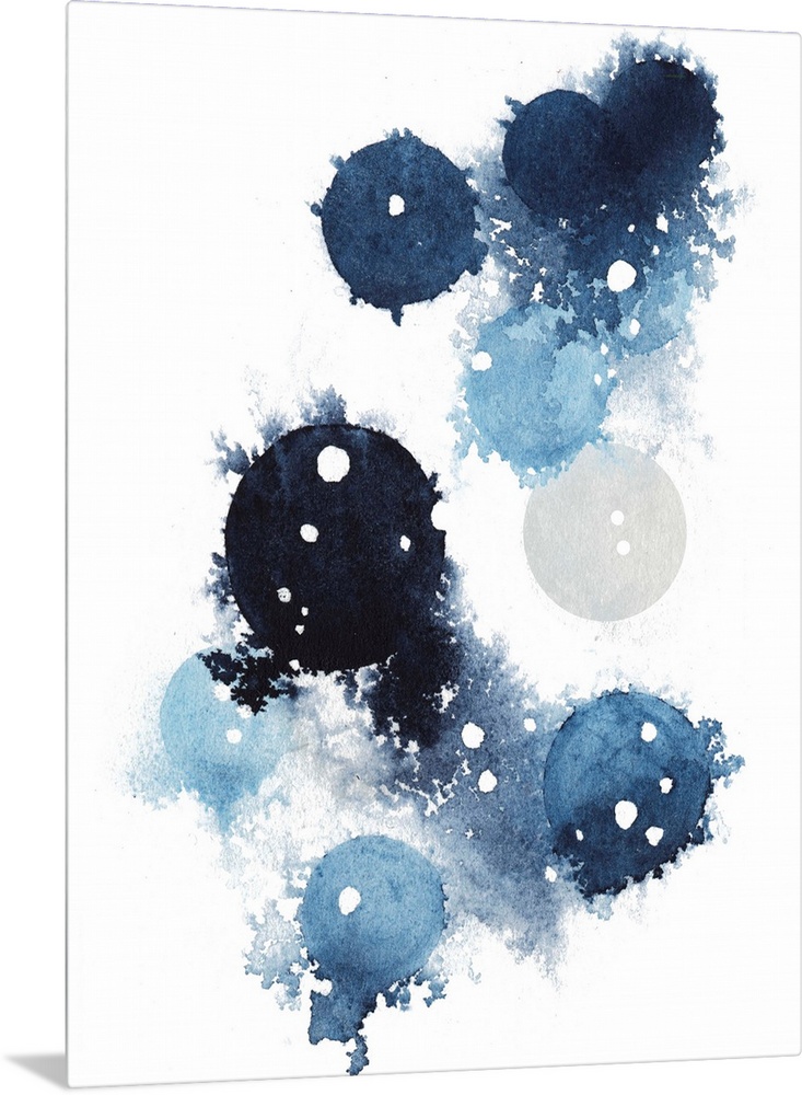 Contemporary abstract artwork of blue globular shapes with bleed stretching out into empty space.