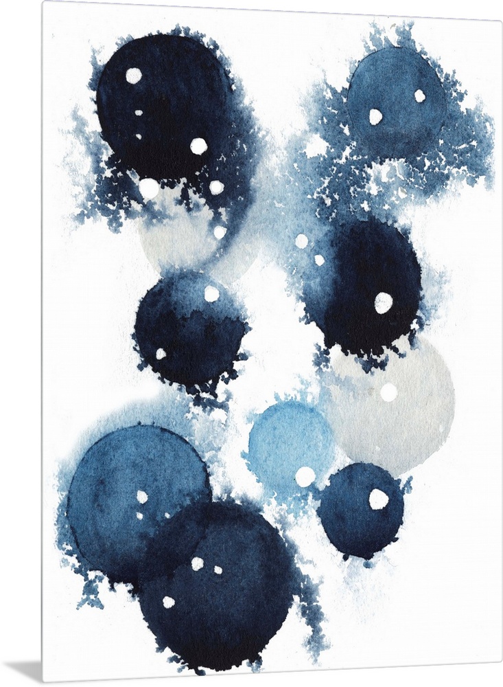 Contemporary abstract artwork of blue globular shapes with bleed stretching out into empty space.