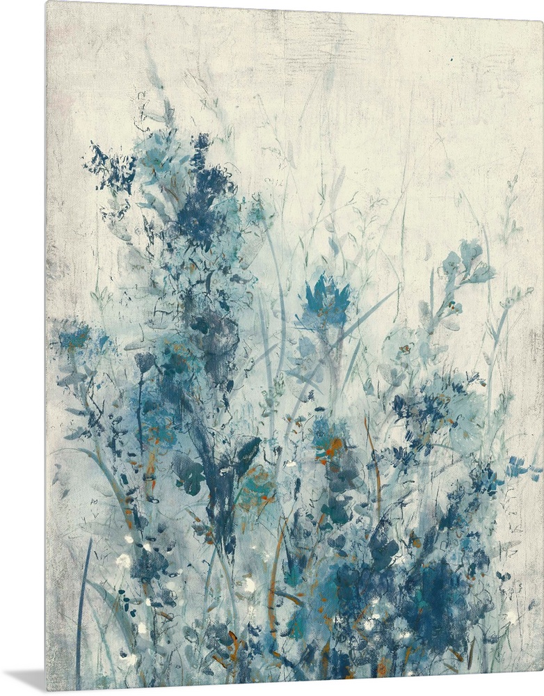 Vertical contemporary painting of a garden of spring flowers in different shades of blue.