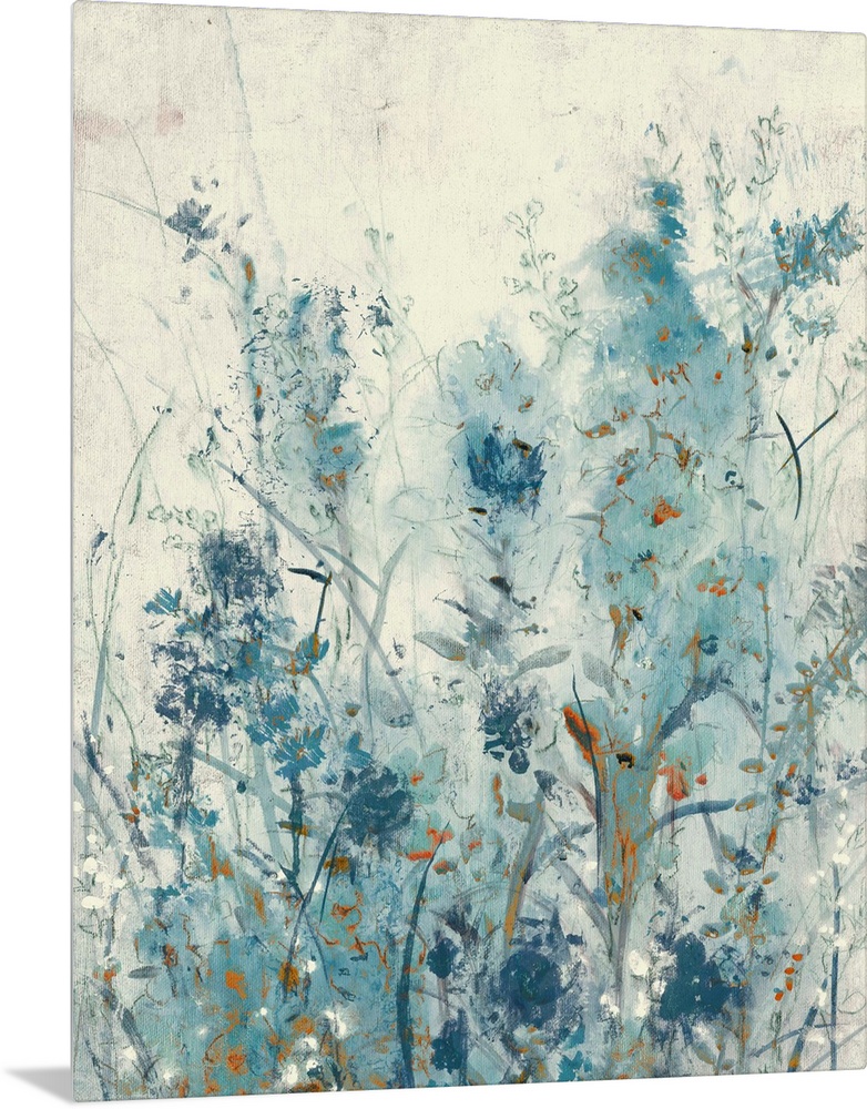 Vertical contemporary painting of a garden of spring flowers in different shades of blue.