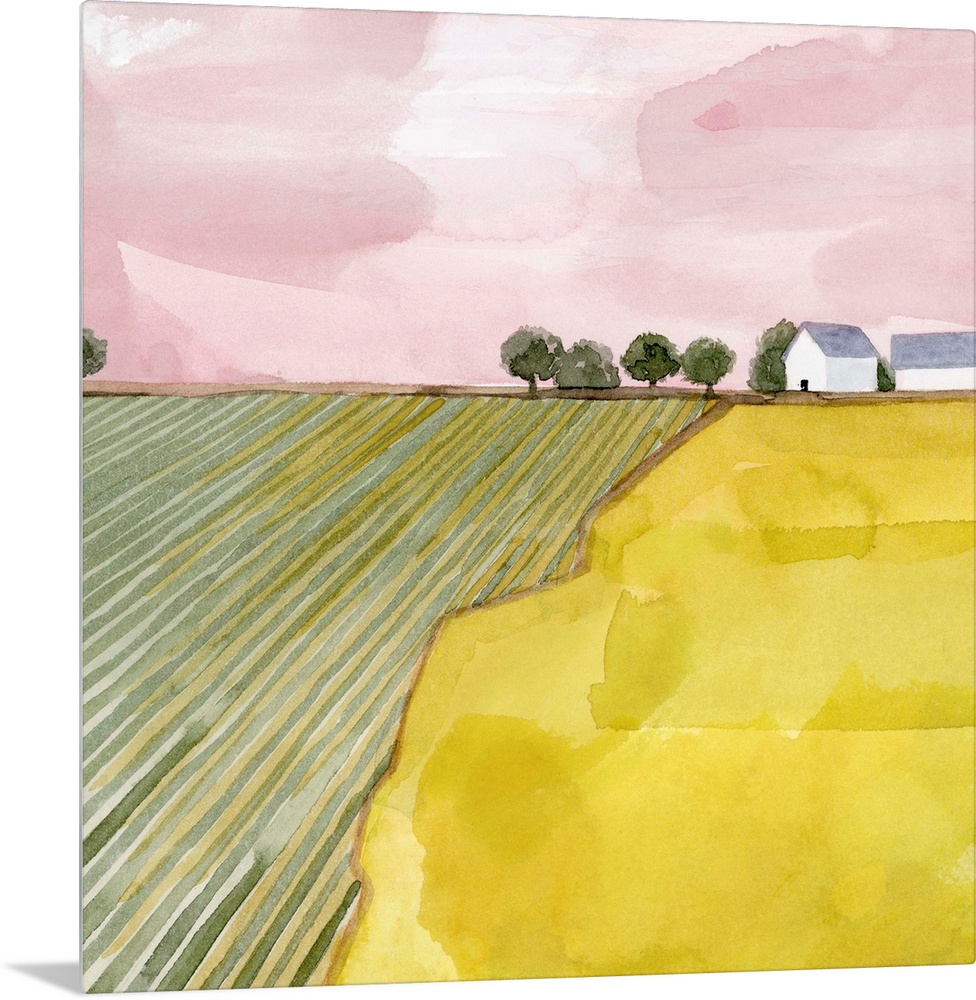 Pink and green contemporary watercolor landscape.