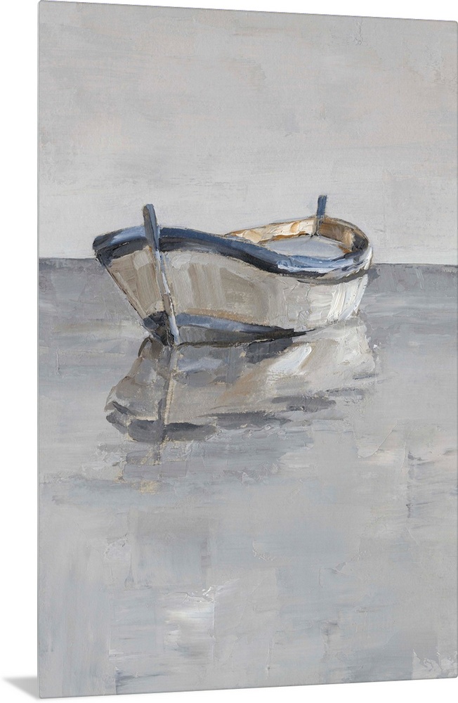 Contemporary painting of a boat sitting on the ocean in various gray tones.