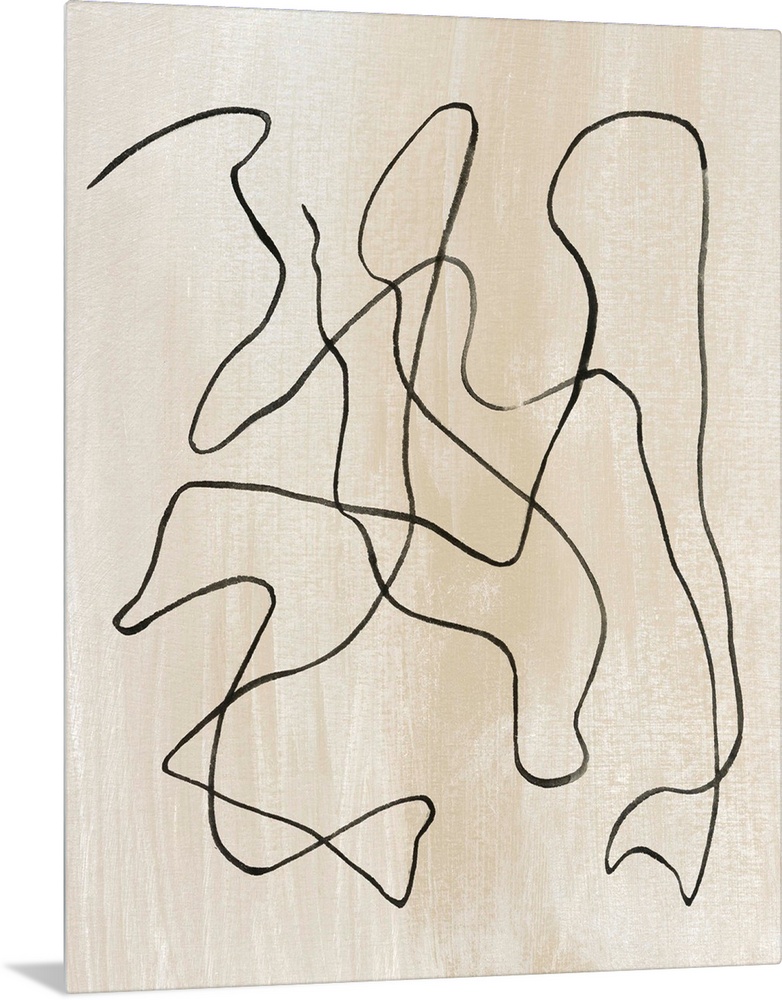 Contemporary abstract painting of curved lines on a neutral background.