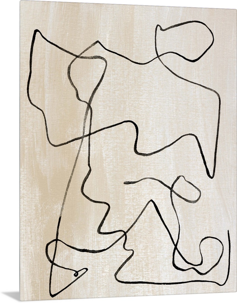 Contemporary abstract painting of curved lines on a neutral background.