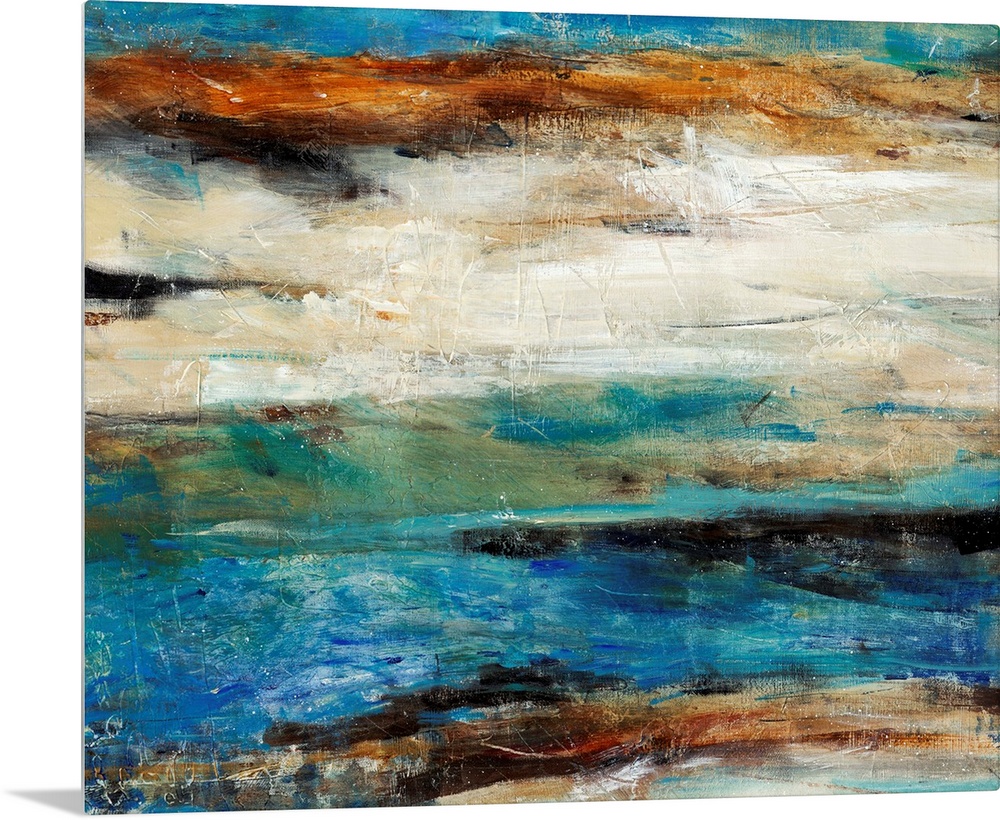 Contemporary abstract art using cool tones mixed with earth tones in a horizontal formation.