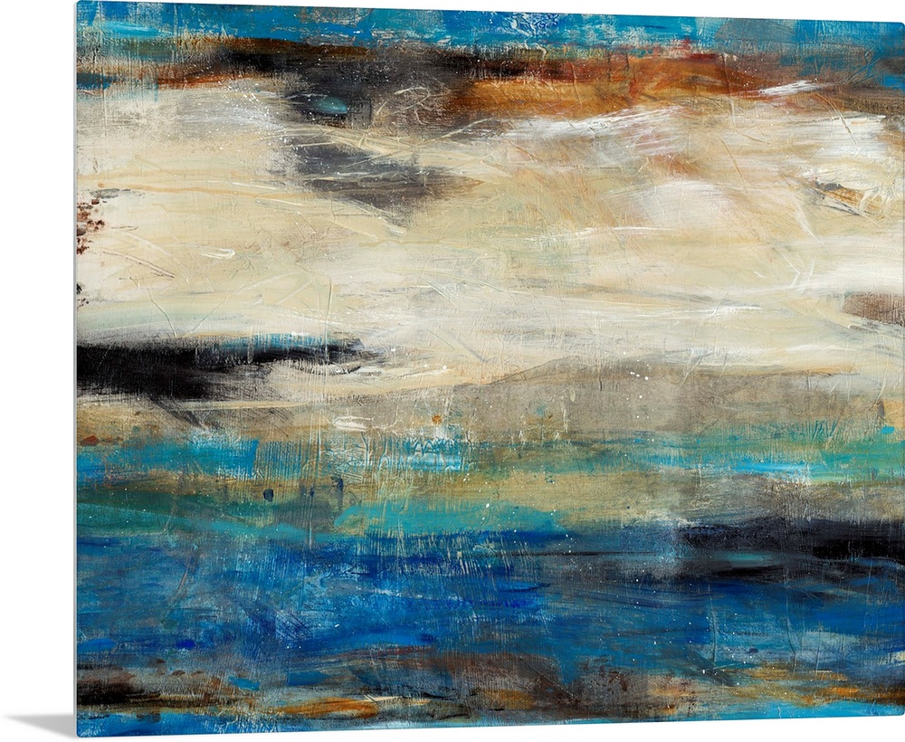 Contemporary abstract art using cool tones mixed with earth tones in a horizontal formation.