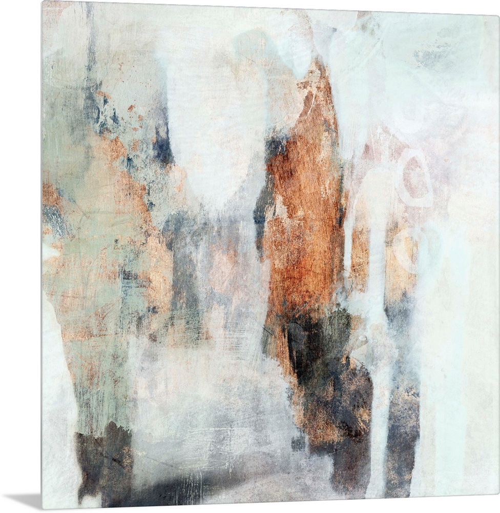 Contemporary abstract painting with white, mint, and copper brushstrokes.