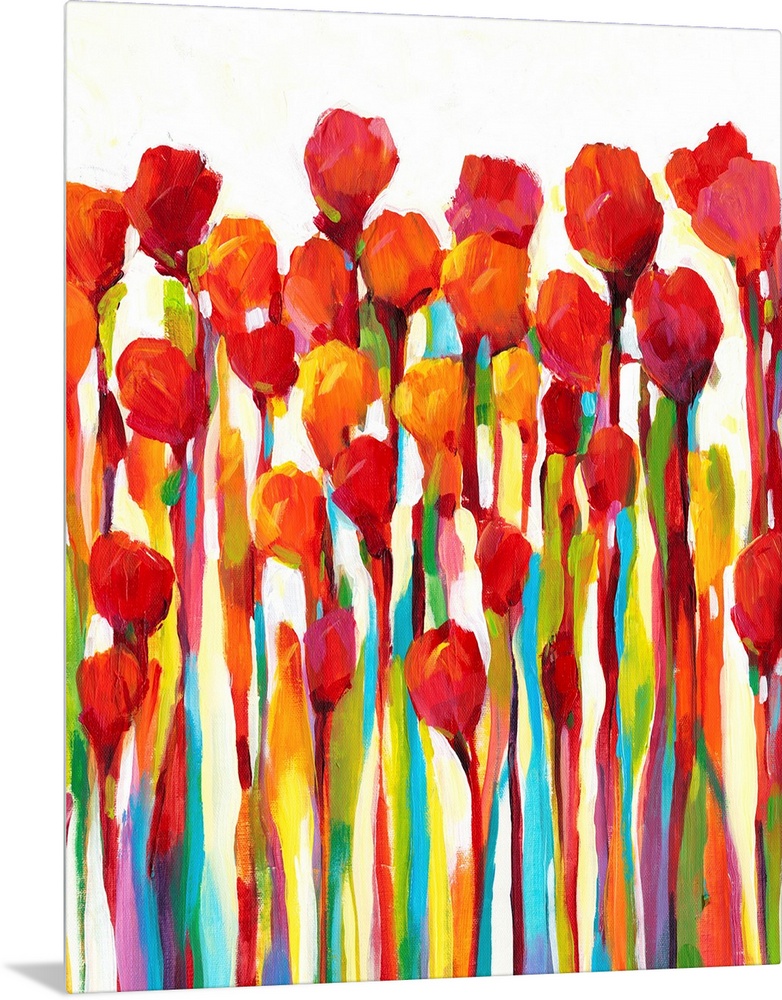 Bright contemporary painting of red flowers with rainbow stems.