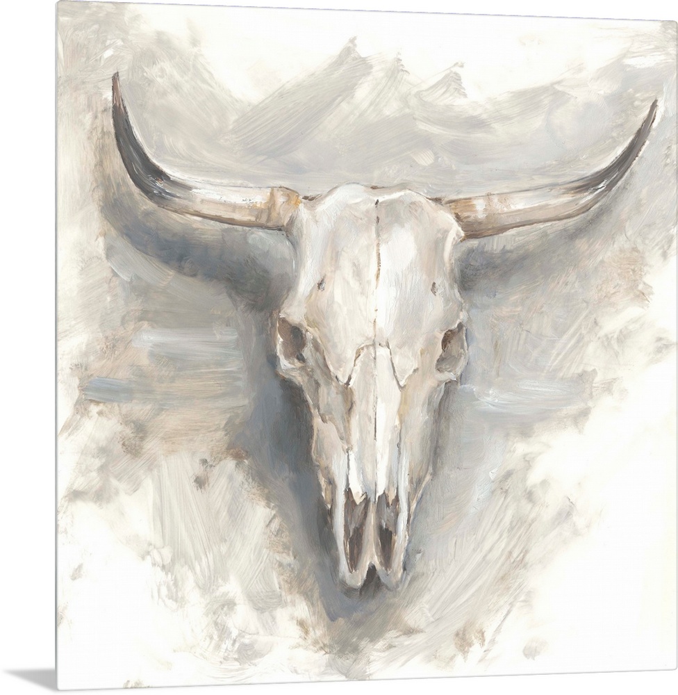Contemporary painting of a mounted cattle skull in muted gray and beige hues.