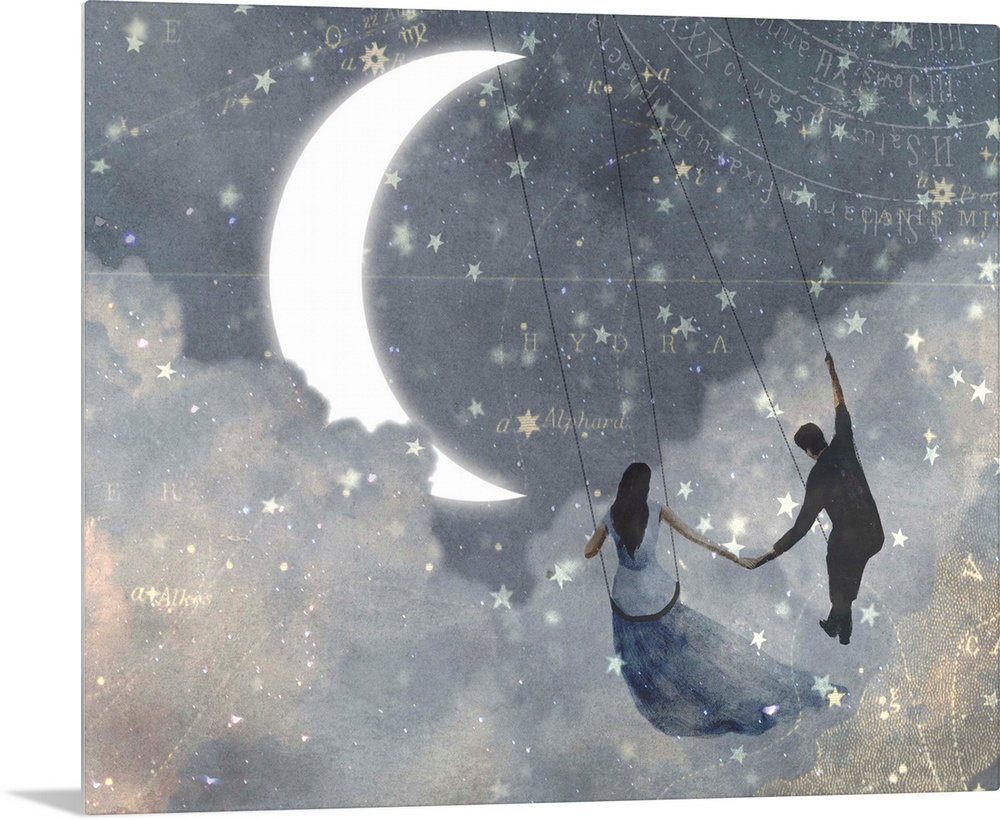 Whimsical design of a couple on swings, flying through the clouds on a starry night with a crescent moon.