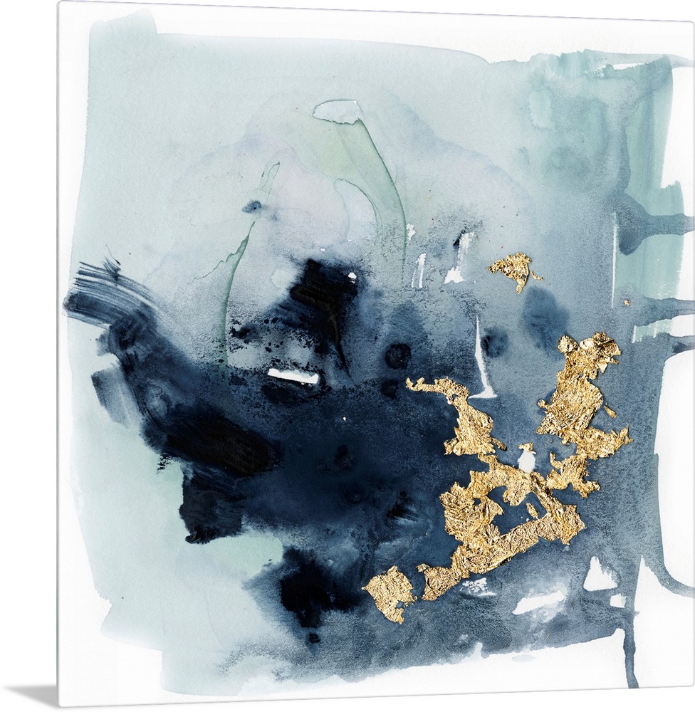Watercolor painting of chaotic brush strokes of blue/gray tones with metallic gold leaf accents.