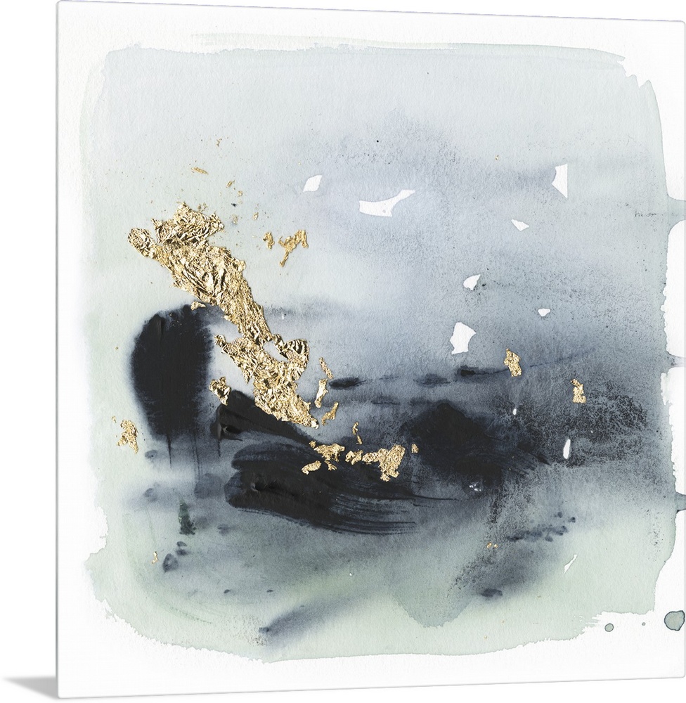Watercolor painting of chaotic brush strokes of blue/gray tones with metallic gold leaf accents.