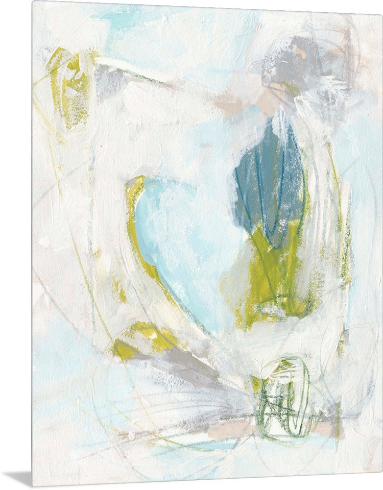 Contemporary abstract painting in green, blue, and white.