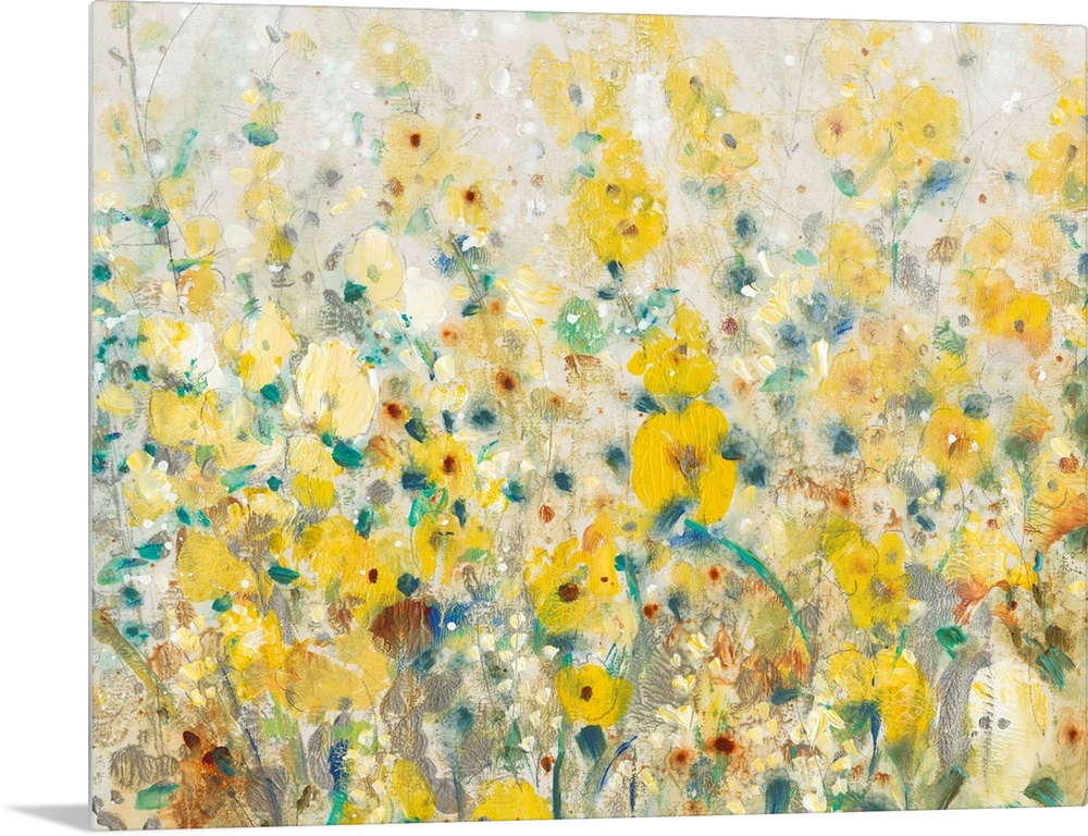 A contemporary painting displaying flowers and plants that are represented in mostly yellow tones.