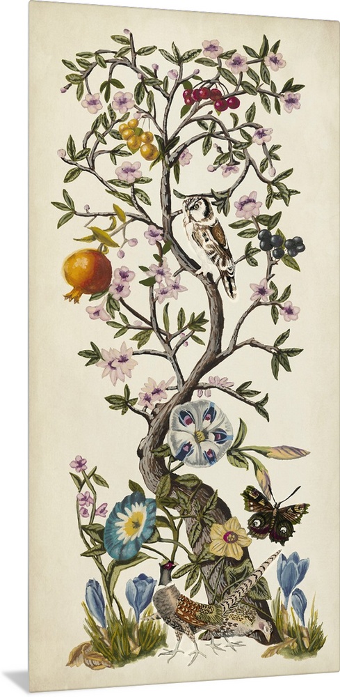 Vintage style artwork of a tree with flowering branches and butterflies.