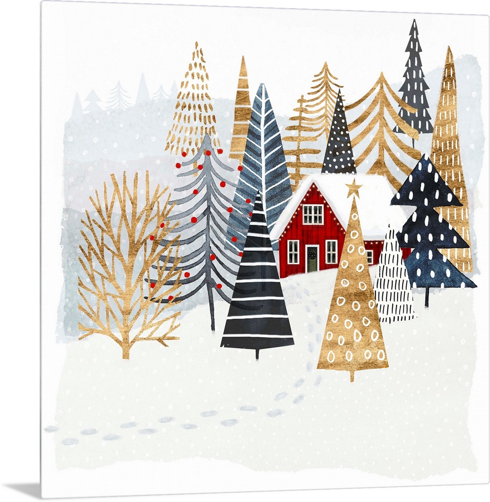 Festively patterned trees in gold and shades of blue surround a red house and embellish a snowy landscape in this decorati...