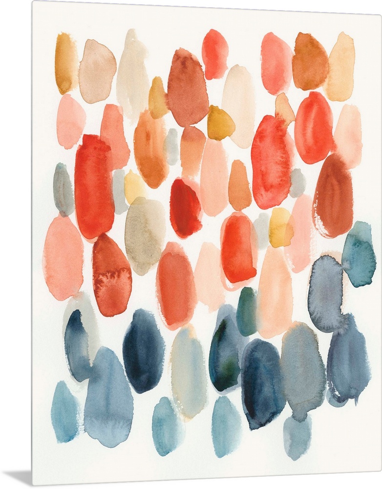 Watercolor abstract with oblong shapes in indigo, coral, and orange colors on a white background.