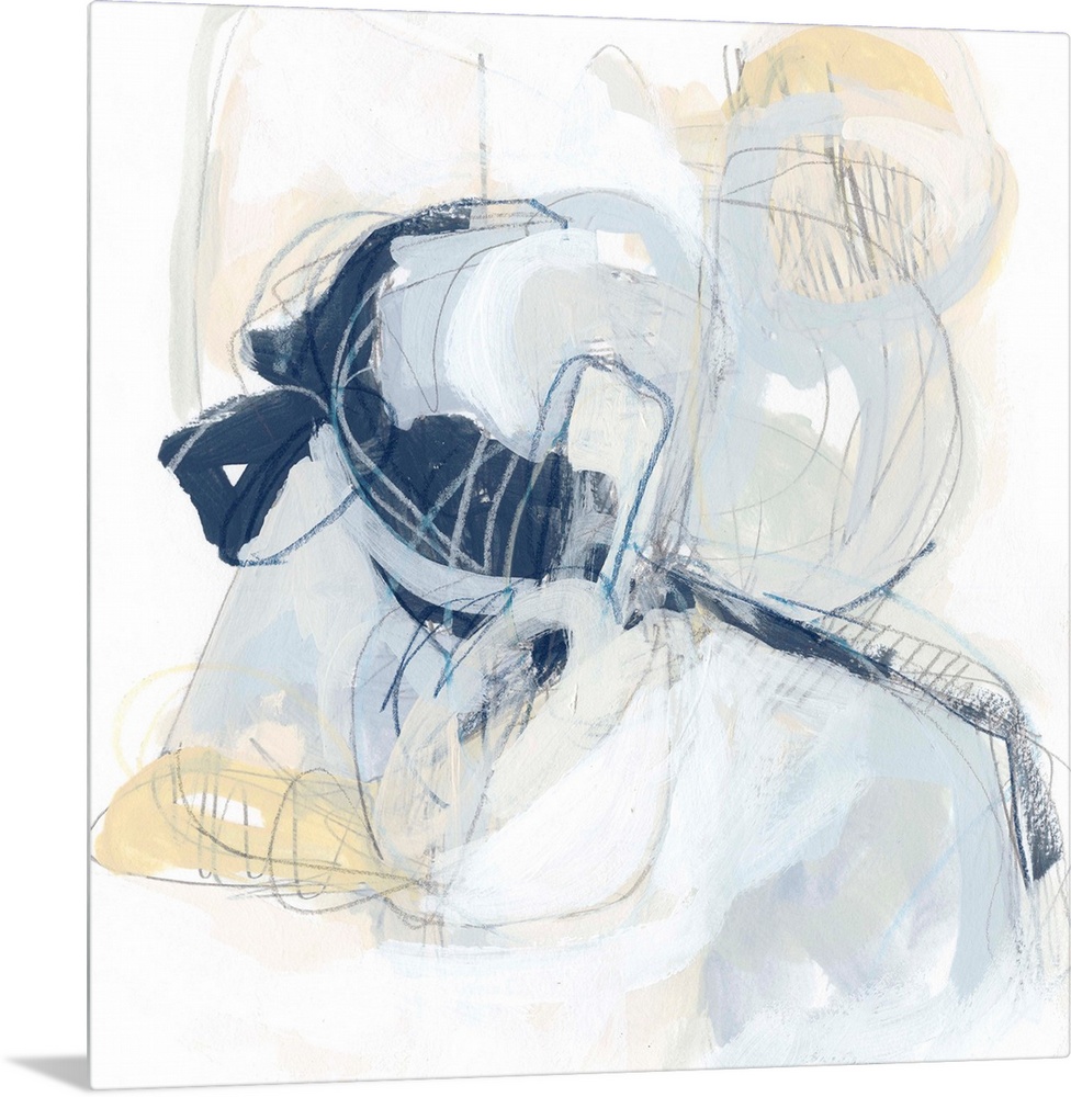 Square abstract painting in yellow, gray and white in overlapping circular shapes with fine scribble lines of gray and blue.