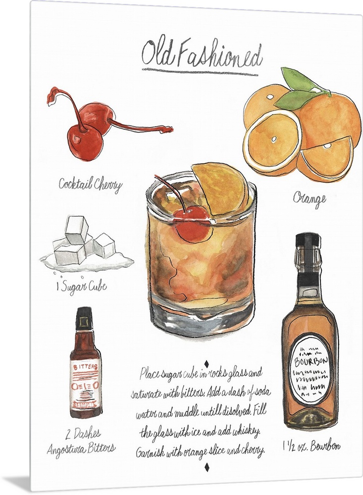 Contemporary artwork of a cocktail recipe showing illustrated ingredients against a white background.
