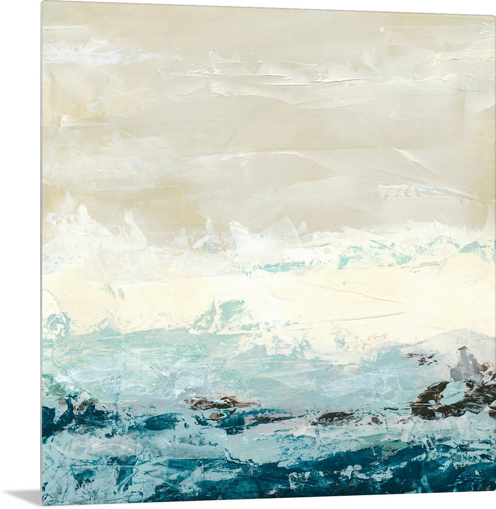 Square abstract painting of an ocean made up of large brush strokes.