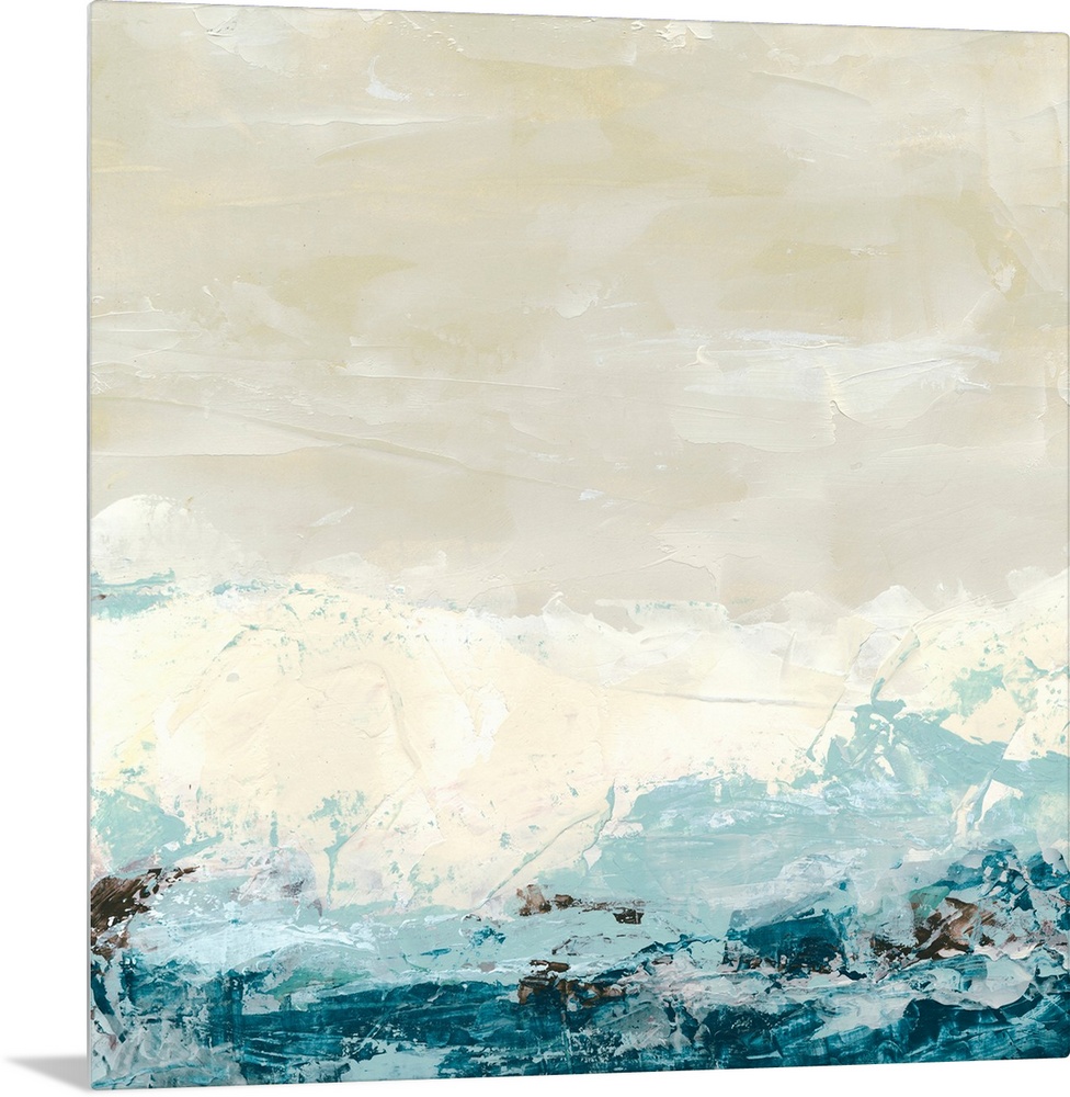 Square, large contemporary painting of sand colored background covered at the bottom by chaotic, ocean colored paint splat...